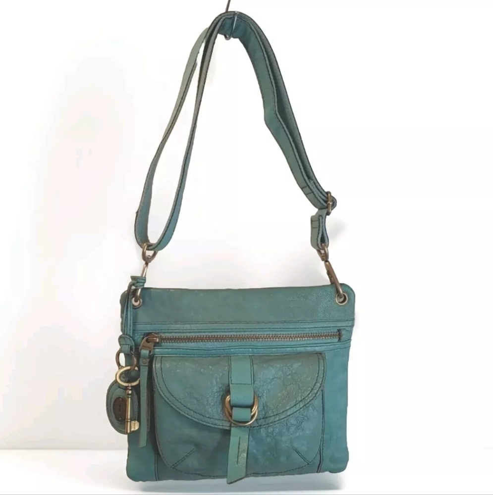 Fossil Sasha Turquoise Distressed Leather Purse Crossbody Bag Coastal Cowgirl - Picture 2 of 14